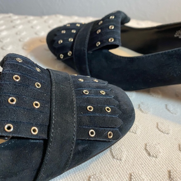 NINE WEST Black Suede Kiltie with Studs Block Mid Heel Slip-On Loafer - Picture 12 of 15